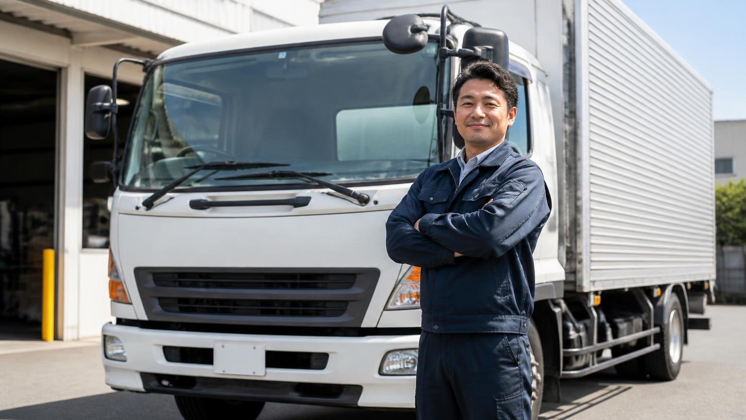 査定料も出張費も無料。営業所の車庫に停まった4tトラックの前で、作業着の男性1人が腕を組んで満足そうに笑う