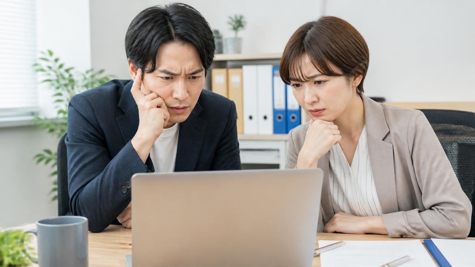 Googleマップの評価は★3.7で全3件。事務所のパソコンで口コミ画面を見る男女2人が眉をひそめる