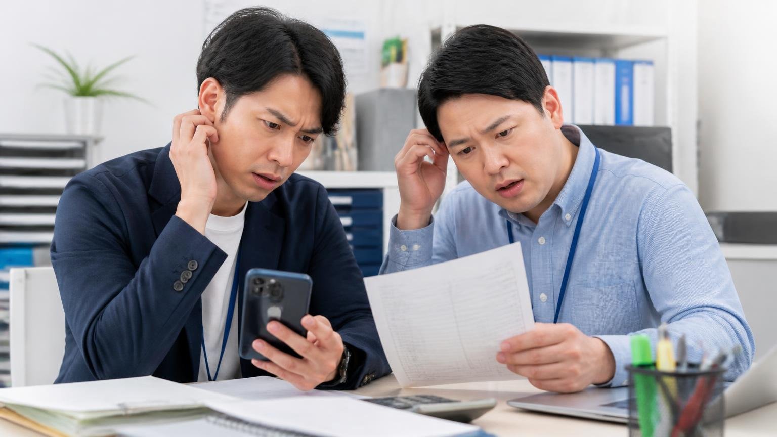 2つの口コミサイトの点数差を確かめる場面。事務所の机でスマホと見積書を見比べる男性2人が首をかしげる