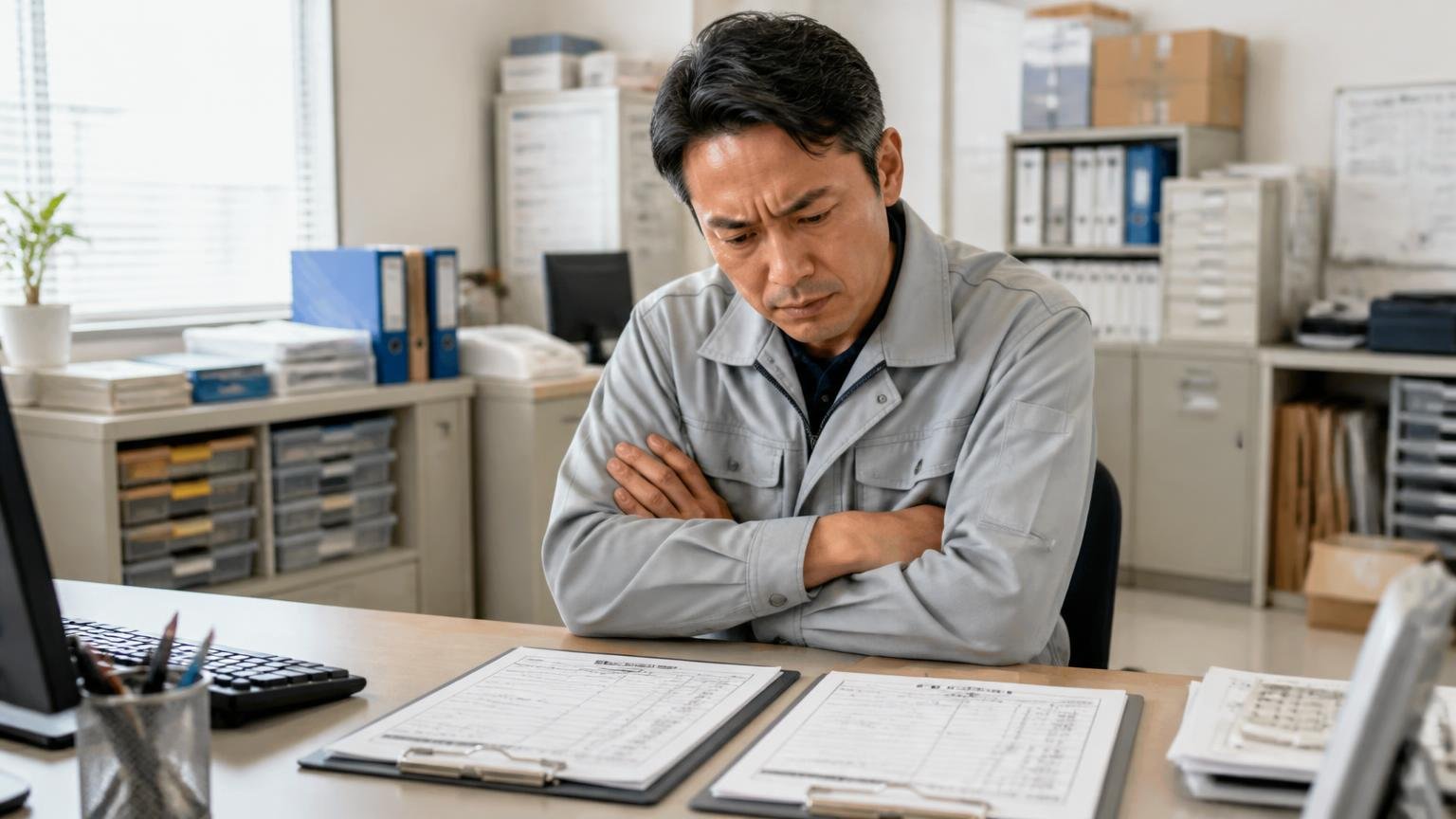 結論は接客と整備に高評価。運送会社の事務所で2枚の査定書を見比べる作業着の男性1人が腕を組んで考え込む