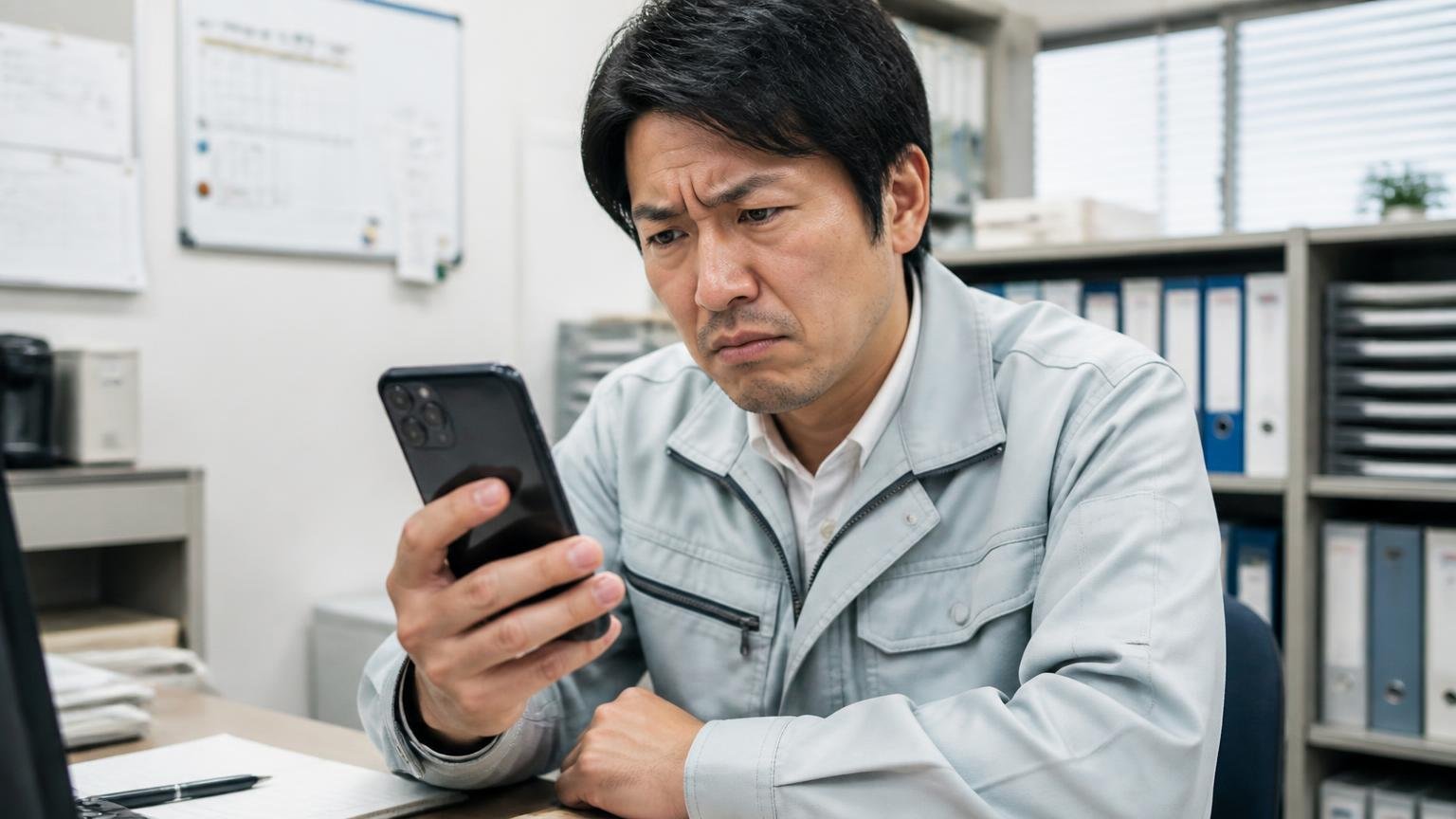 Googleマップの評価は★3.3、しかしクチコミはたった12件 営業所の事務所でスマホの口コミ画面を見る男性1人 眉をひそめる