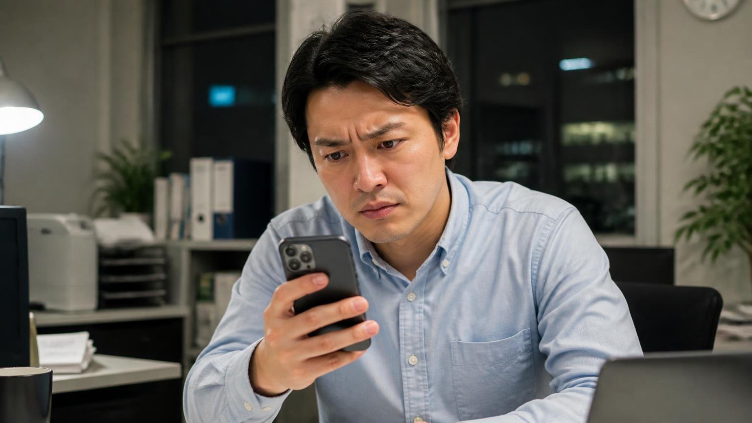 Googleマップの評価は3.7/32件 夜の事務所でスマホの口コミ画面を凝視する男性1人が眉をひそめる