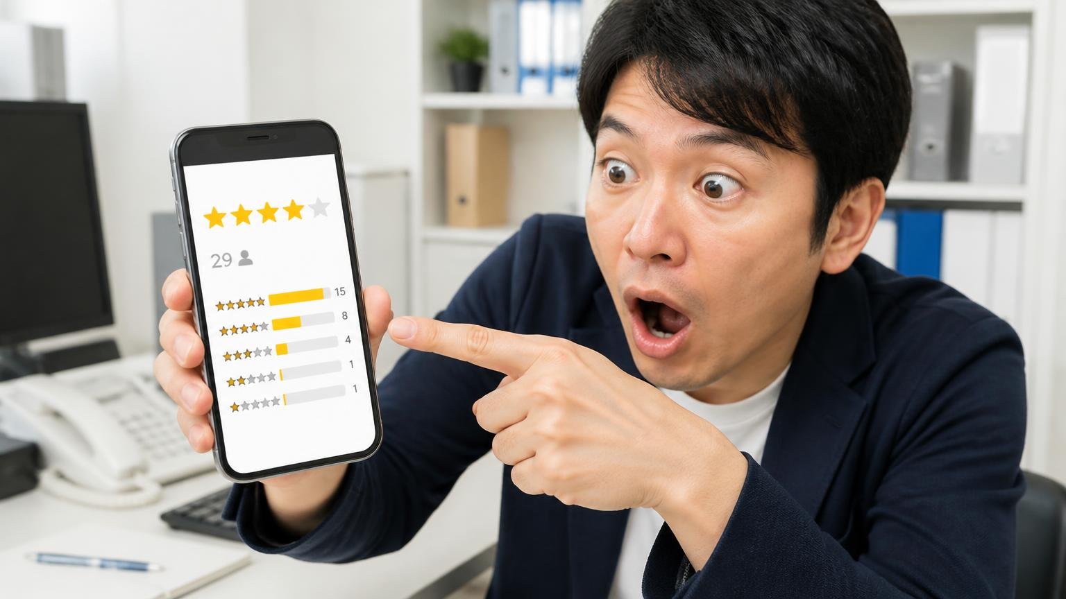 星4.1と29件の内訳を分解する。事務所の机でスマホの口コミ画面を指さす男性1人が目を見開く