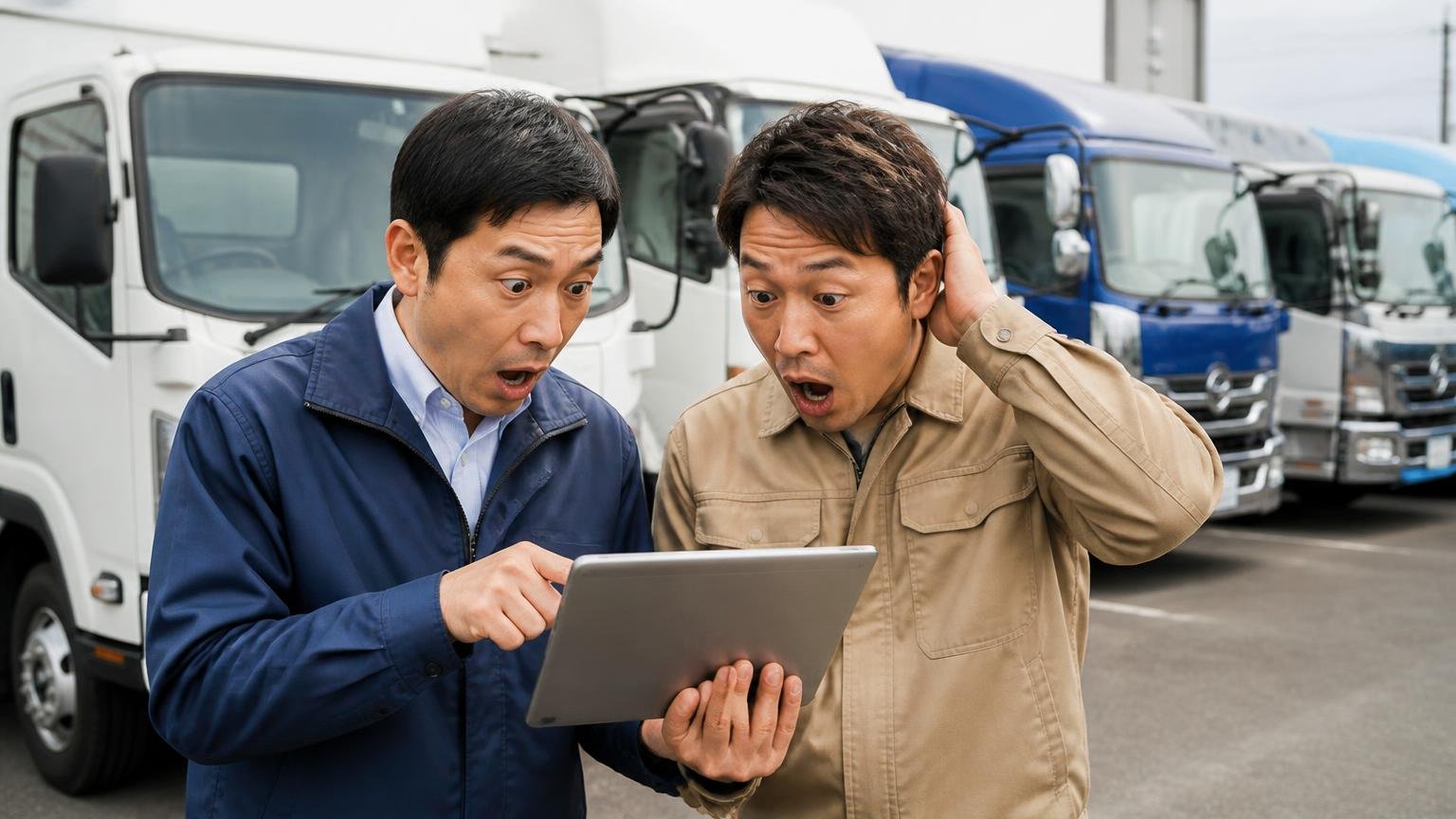 口コミ6ソース61件を横断した評価 厚木の展示場に並ぶ中古トラックの前 男性2人がタブレットの点数を見比べて驚く