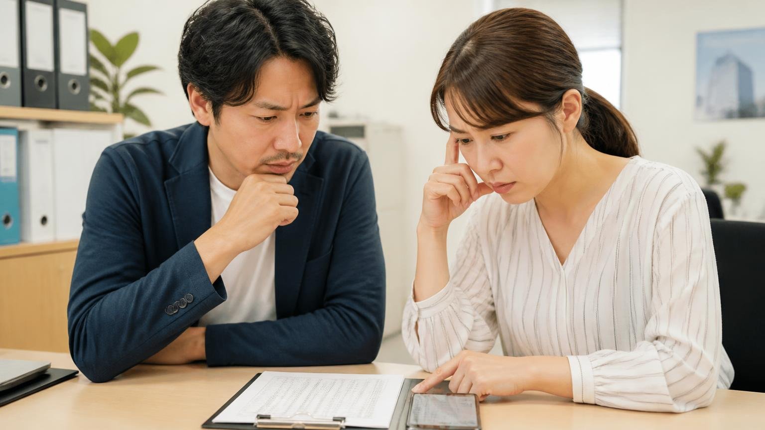 この記事で確かめる3つのこと|事務所で査定書とスマホを並べて確認する男女2人が真剣な表情