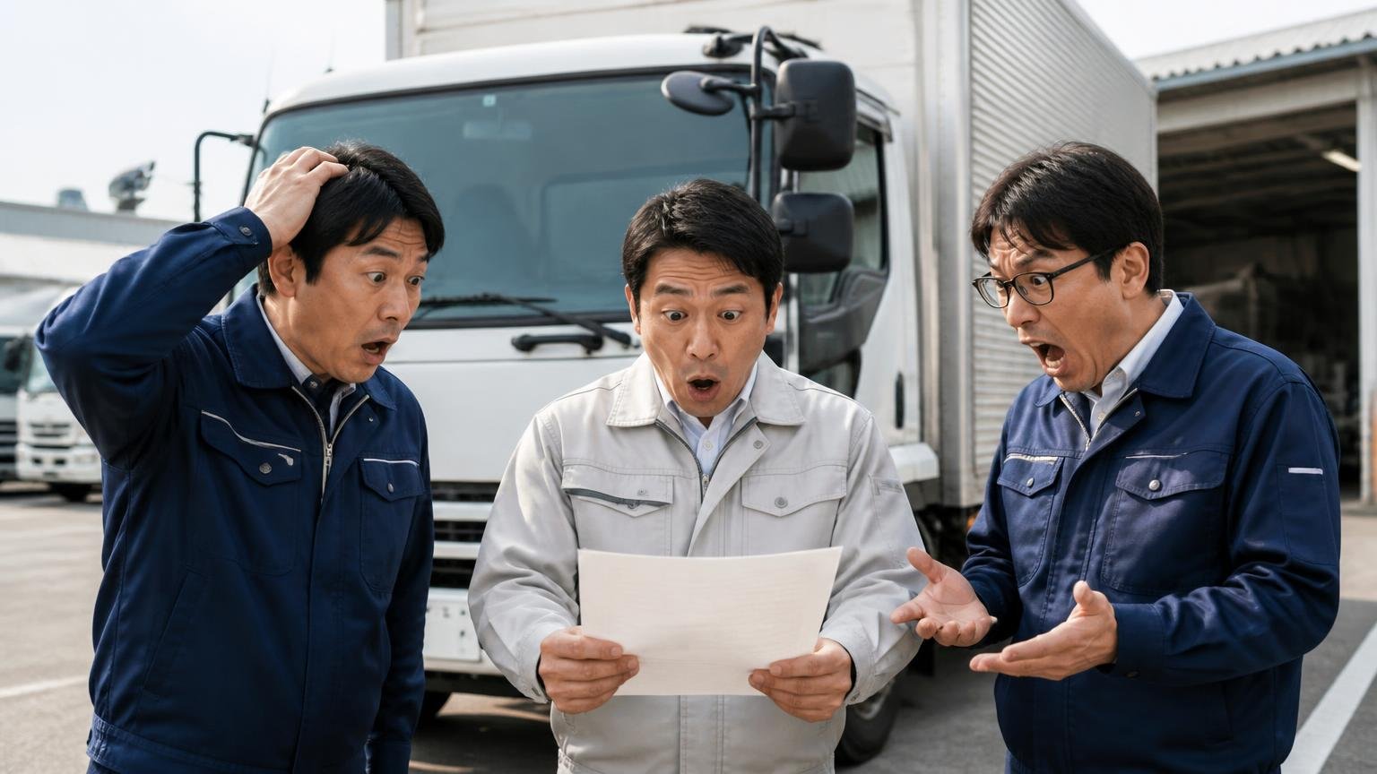 ★5が12件、★1が1件で評価が真っ二つに割れている。営業所の車庫に停まった4tトラックの前で、書類を手にした男性3人が驚いた表情で顔を見合わせている