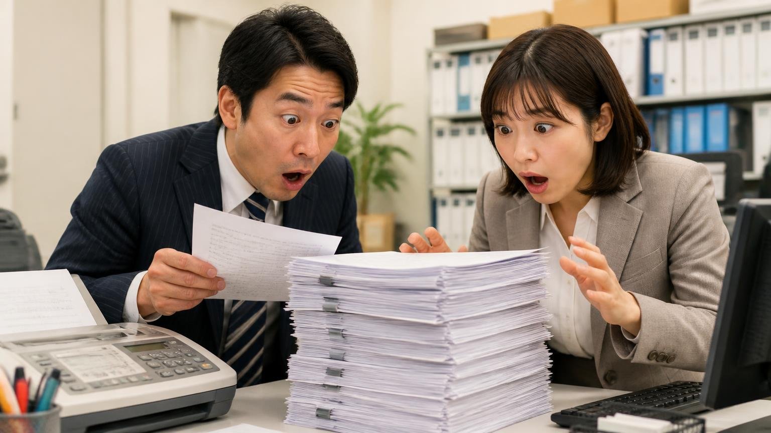 本文36件を数えたら26件はFAXと電話の話、事務所の机で受信したFAX用紙の束を数える男女2人が驚く