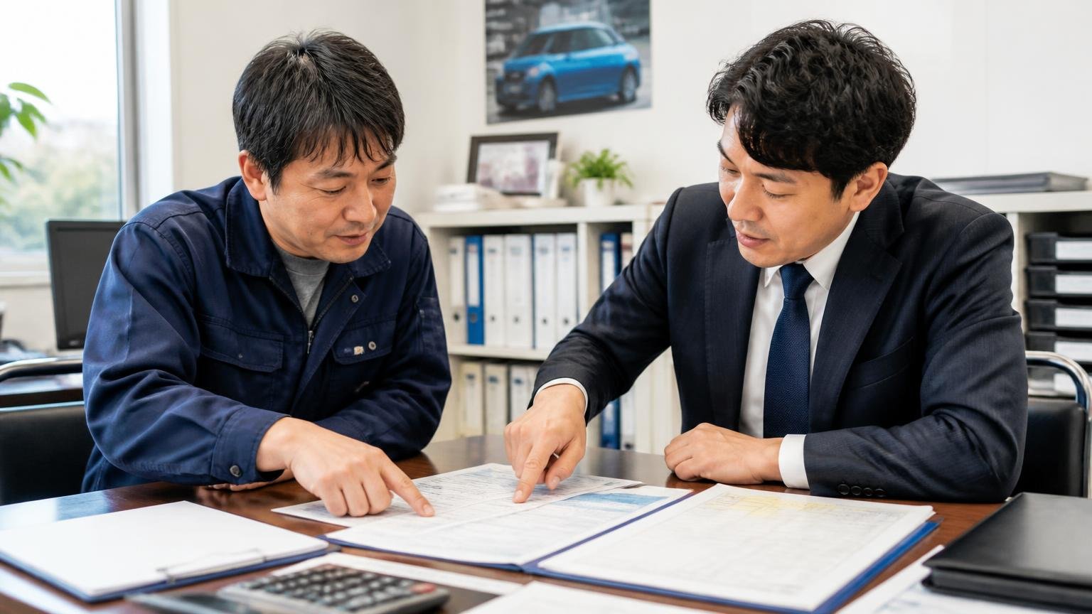 この記事で使う判断の物差し。事務所で査定書と車検証を広げて打ち合わせする2人が指差し確認