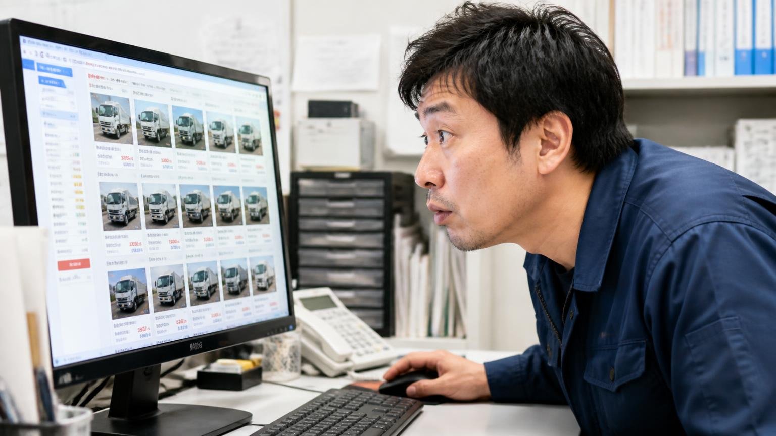 それでも安いと感じるのは検索結果の並び方が理由 事務所のパソコンで中古トラックサイトを安い順に並べ替える 男性1人 画面をのぞき込む