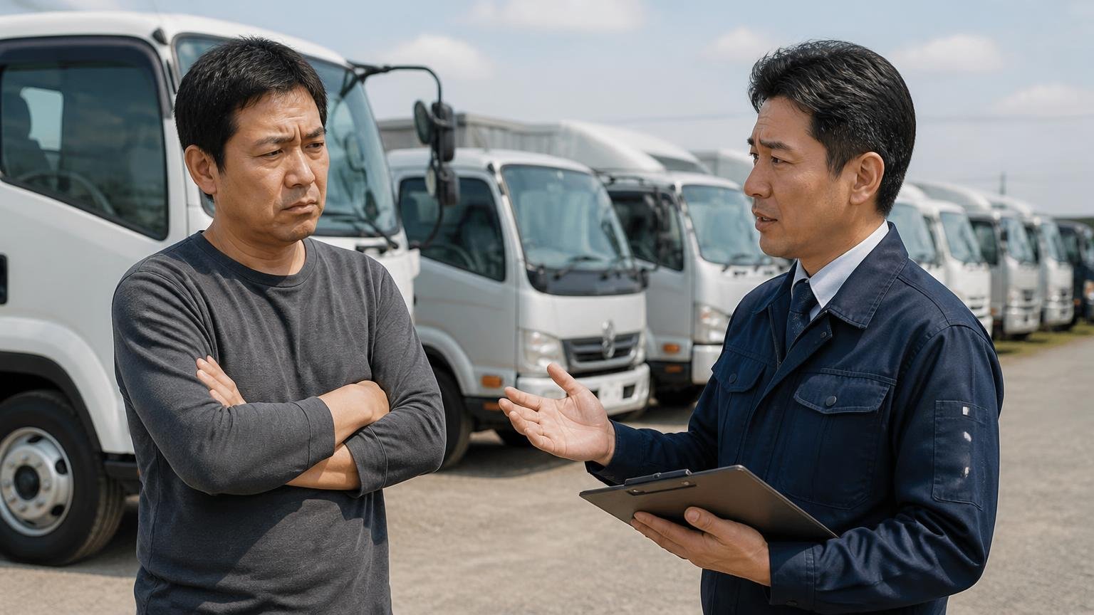 唯一の★2に書かれていたこと 中古トラック販売ヤードで営業担当と話す購入希望者 2人 腕を組んで難しい表情