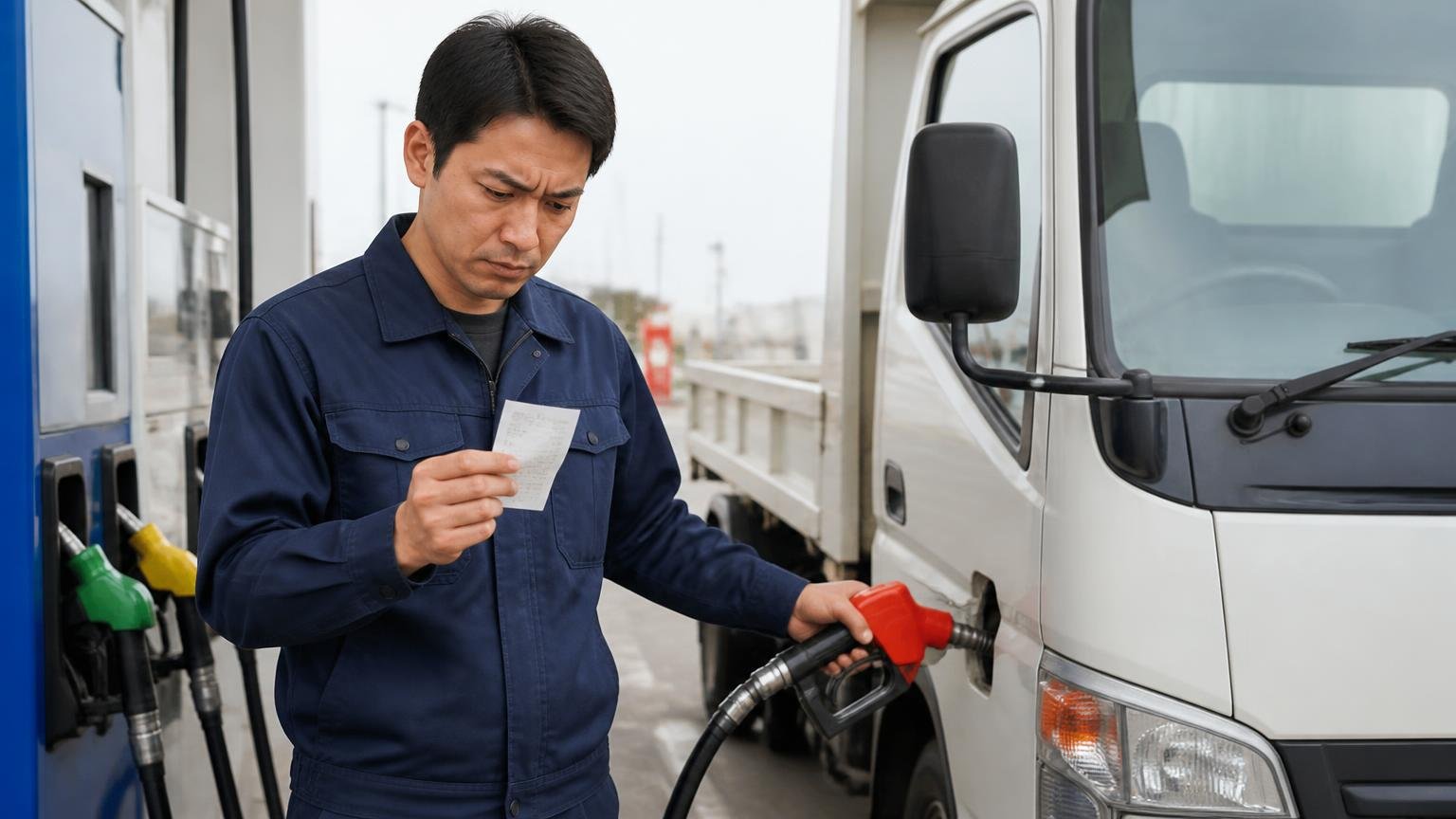 給油記録でみる燃費の幅/給油所でキャンターに給油する場面/男性1人/レシートの数字を見て眉を寄せる