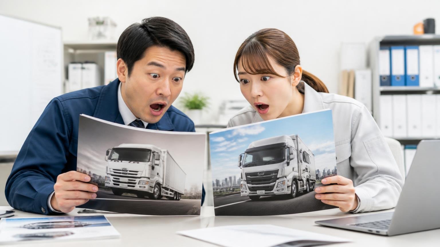 新型ギガには2015年式と2025年改良型がある。事務所で2台の車両カタログを見比べて驚く男女2人