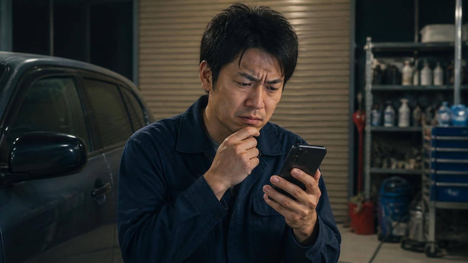 検索しても答えが出ない理由|夜の車庫でスマホの検索結果をスクロールする男性1人が眉をひそめる