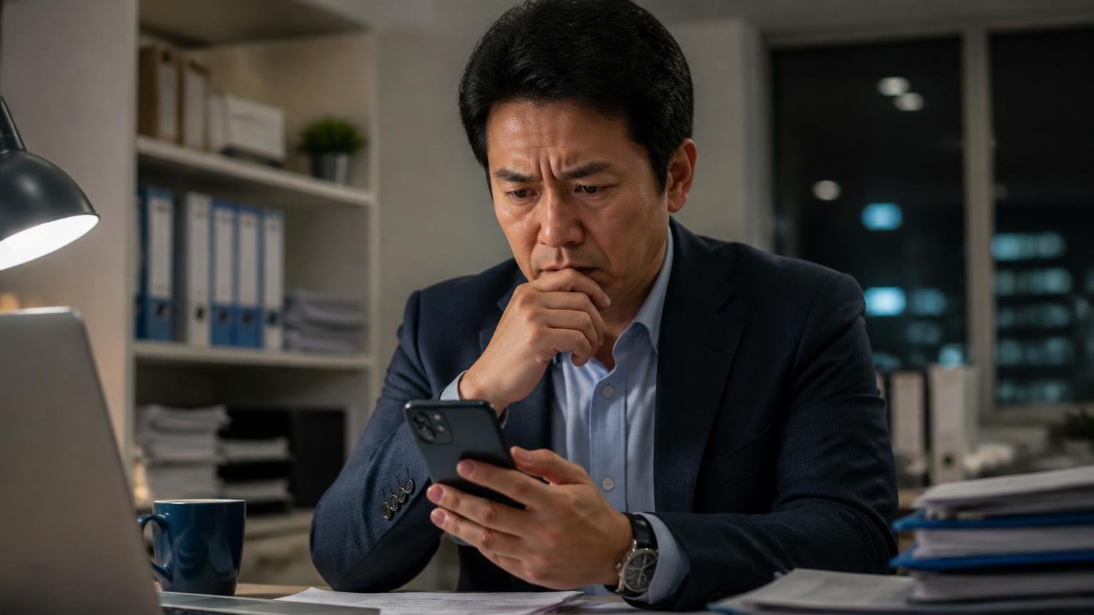 悪いところを調べる人が本当に知りたいこと 夜の事務所でスマホを見ながら考え込む40代男性が眉を寄せる