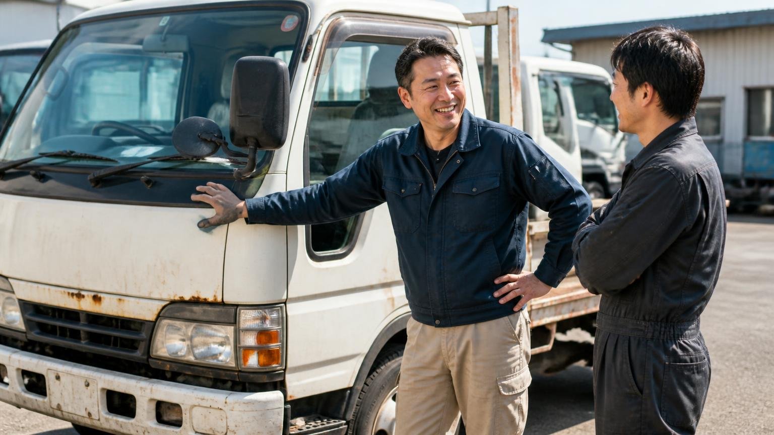 オーナー評価は低くない。長年使い込んだエルフの運転席横で、笑顔の男性がボンネットに手を置いて話す