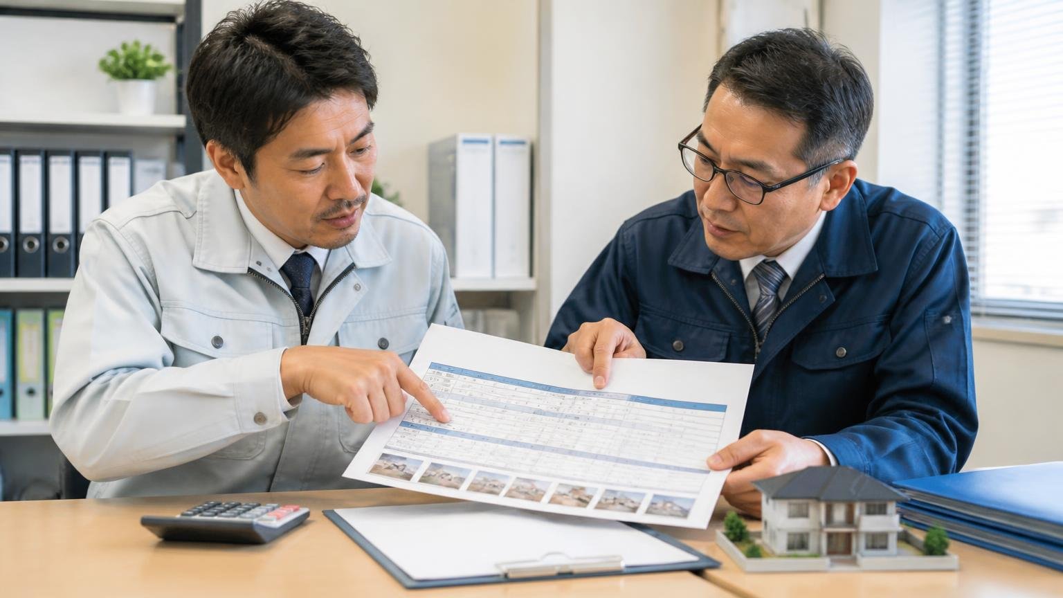 評判が割れる正体は世代と使い方 事務所で査定書を見ながら打ち合わせ 男性2人が表を指さして説明し合う