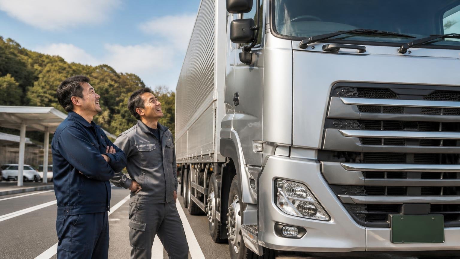 クオンを欠陥車と決めつけてはいけない理由、高速道路のパーキングエリアに停まった大型トラックの脇、ドライバー2人が笑顔で車両を見上げる