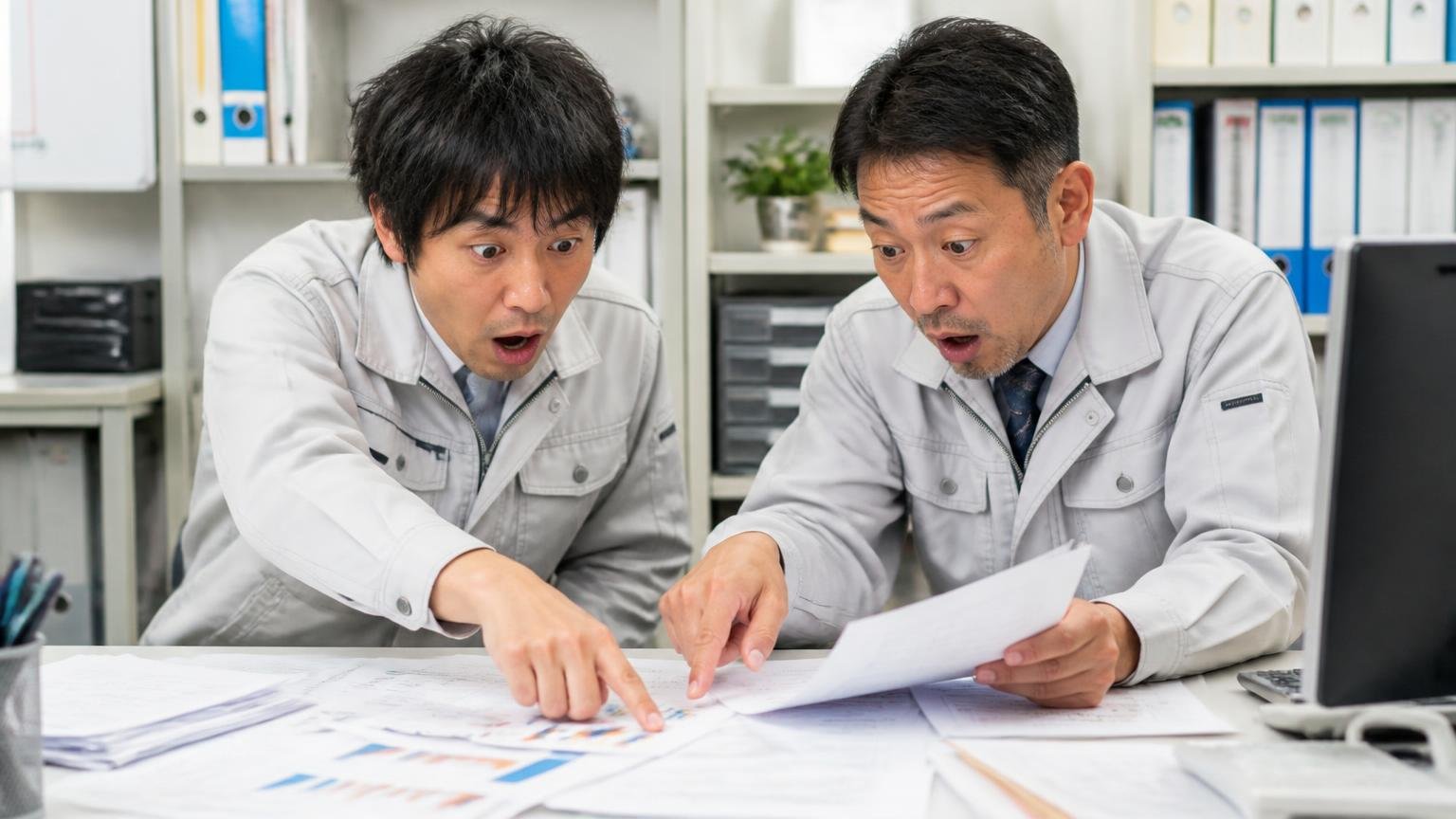 根拠はメーカーが届け出た事実。事務所で書類を広げ作業着の男性2人が資料を指さしながら驚いた表情で確認する