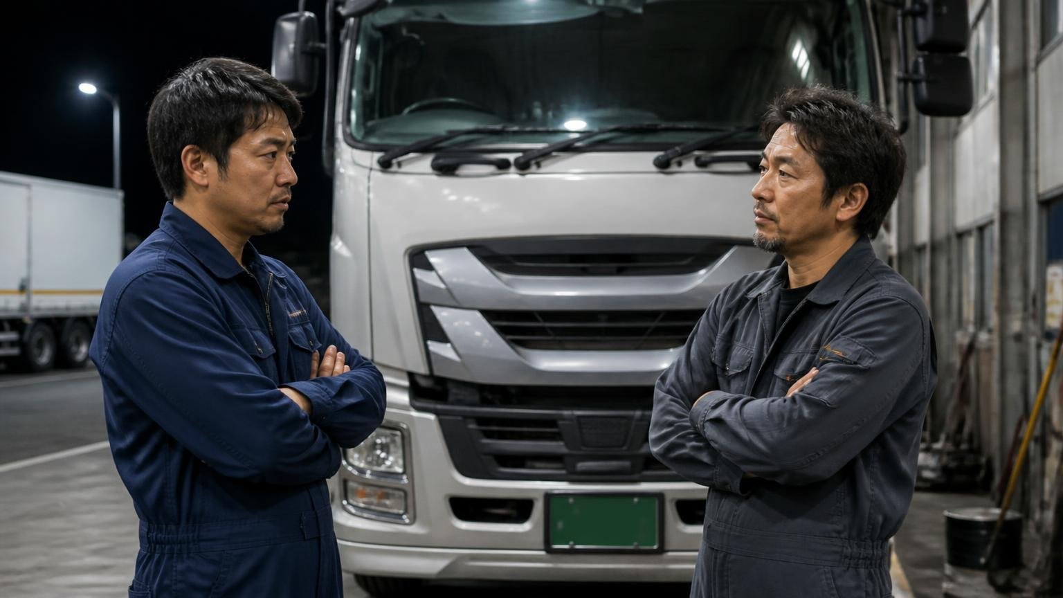 「故障が多い」と言われ続ける3つの理由　夜の車庫に停まる大型トラックの前　男性2人　腕を組んで話す