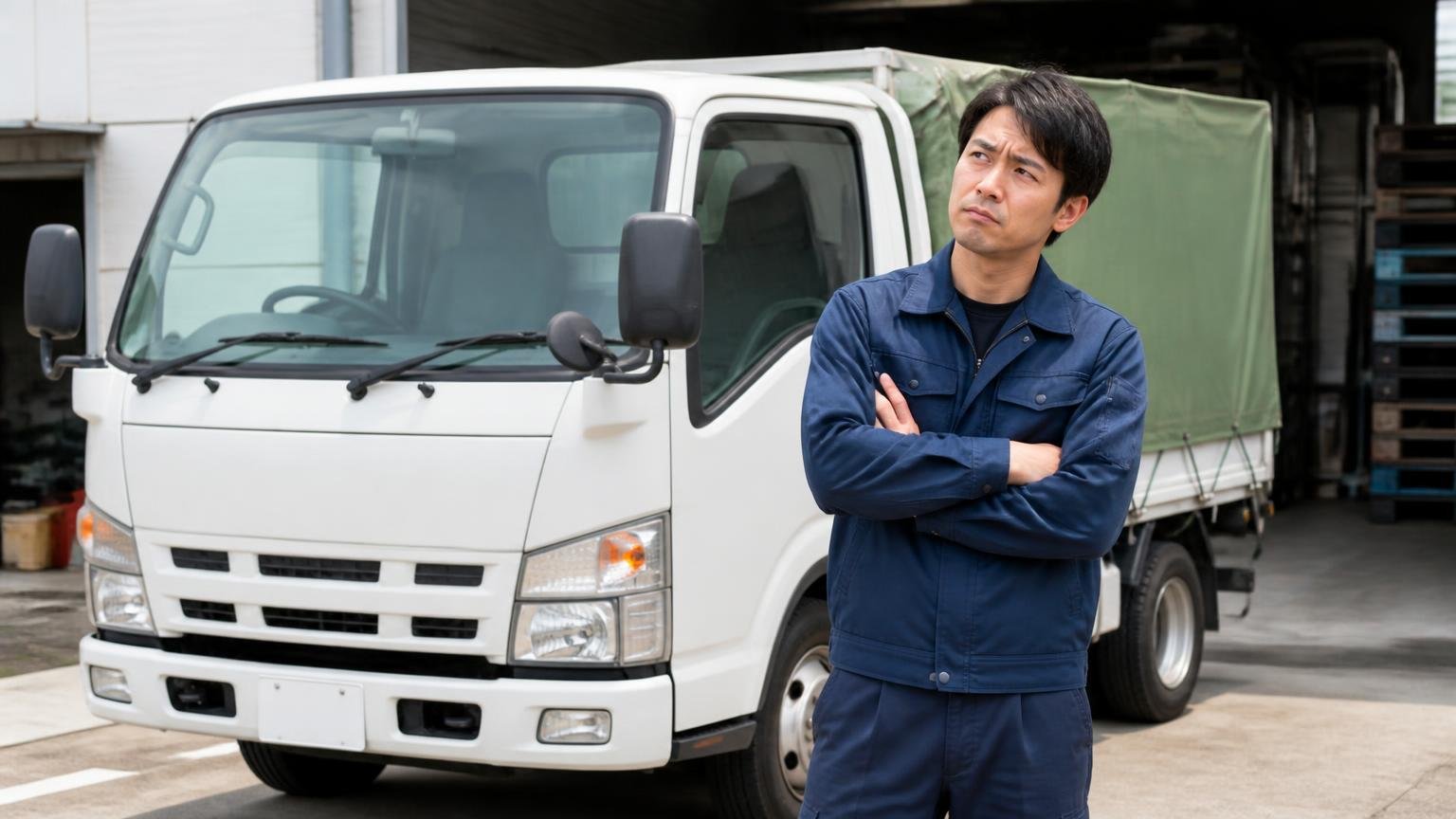 評判が割れる理由｜営業所の車庫に停まった小型トラックの前で腕を組み首をかしげる男性1人