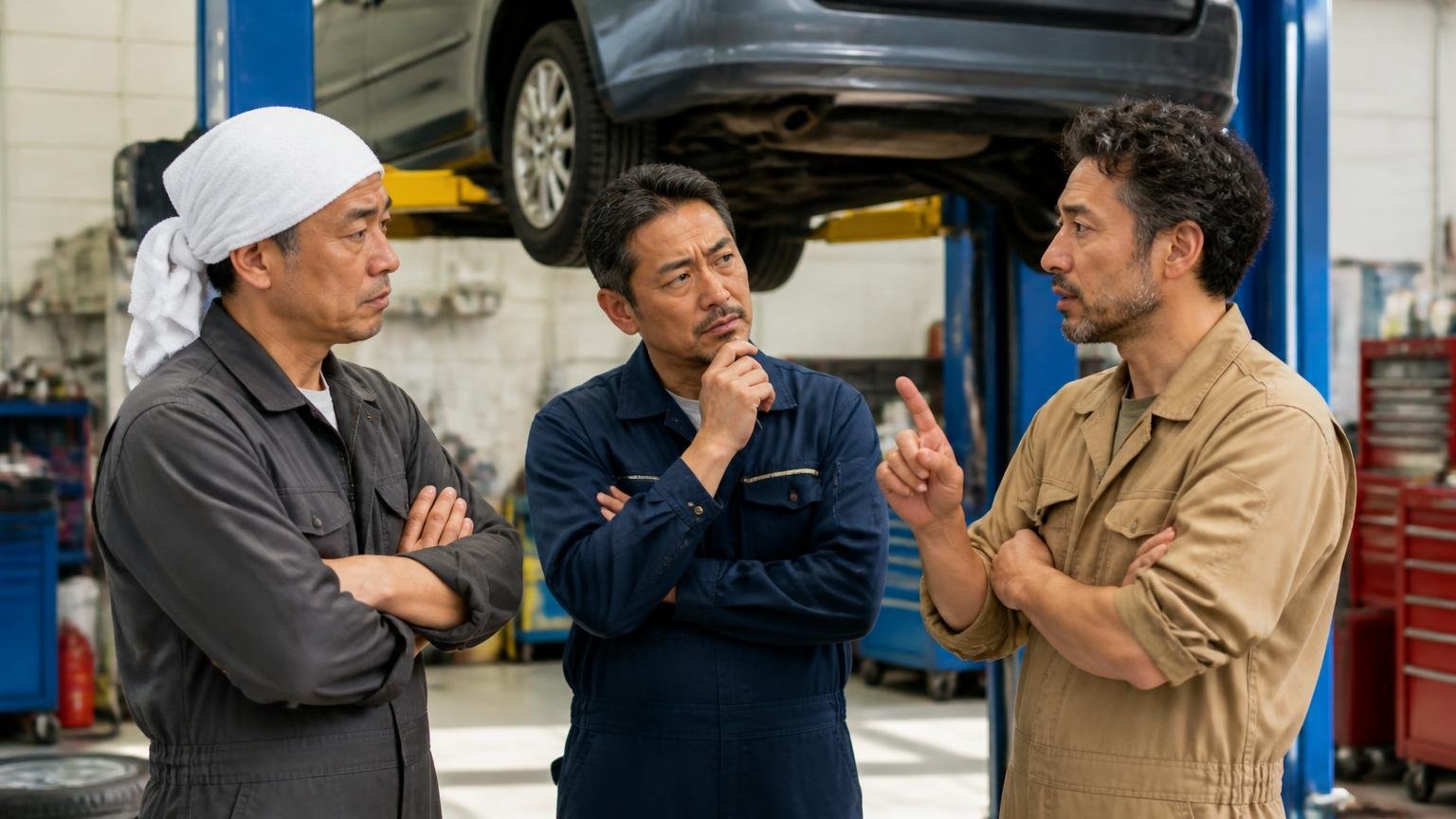 整備のプロの間でも意見は真っ二つに割れている 整備工場のリフト脇で 整備士3人が腕を組み見解を出し合う