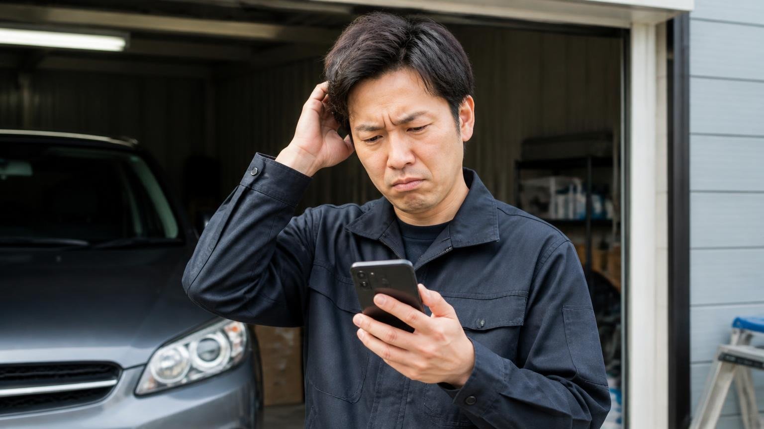 口コミが少ないのは探し方が悪いからではない／夕方の車庫でスマホを見る／男性1人／眉を寄せて困った顔