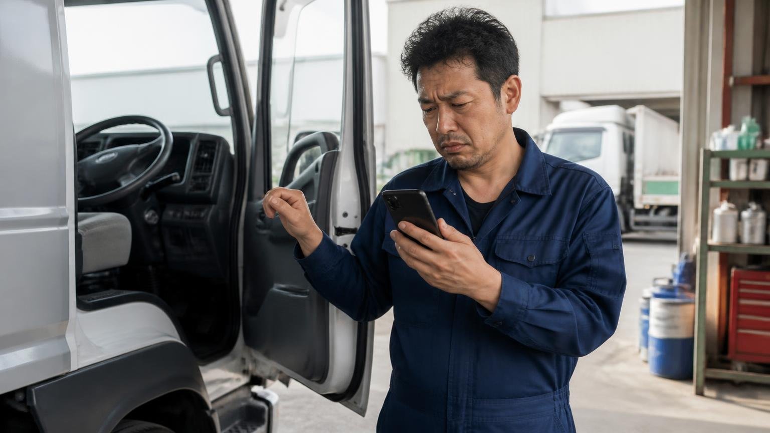 電話は来ます。早朝の車庫でトラックの運転席のドアを開けた作業着の男性1人が、鳴り続けるスマホを見て眉をひそめる