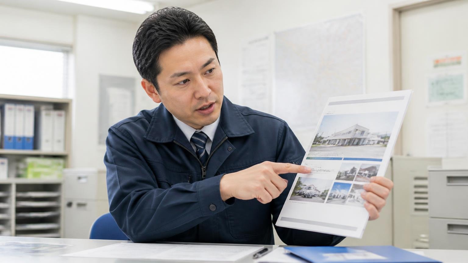 30秒でわかる会社概要。営業所の事務所で会社案内の書類を指さす男性1人、真剣な表情