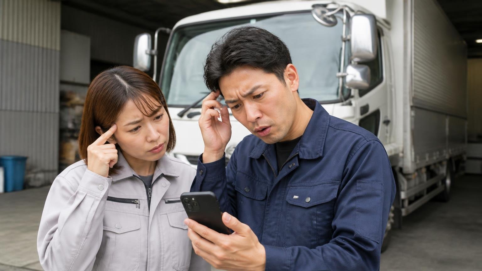 評価が違う理由。車庫に停まった4tトラックの前でスマホの口コミ画面を覗き込む男女2人が首をかしげる