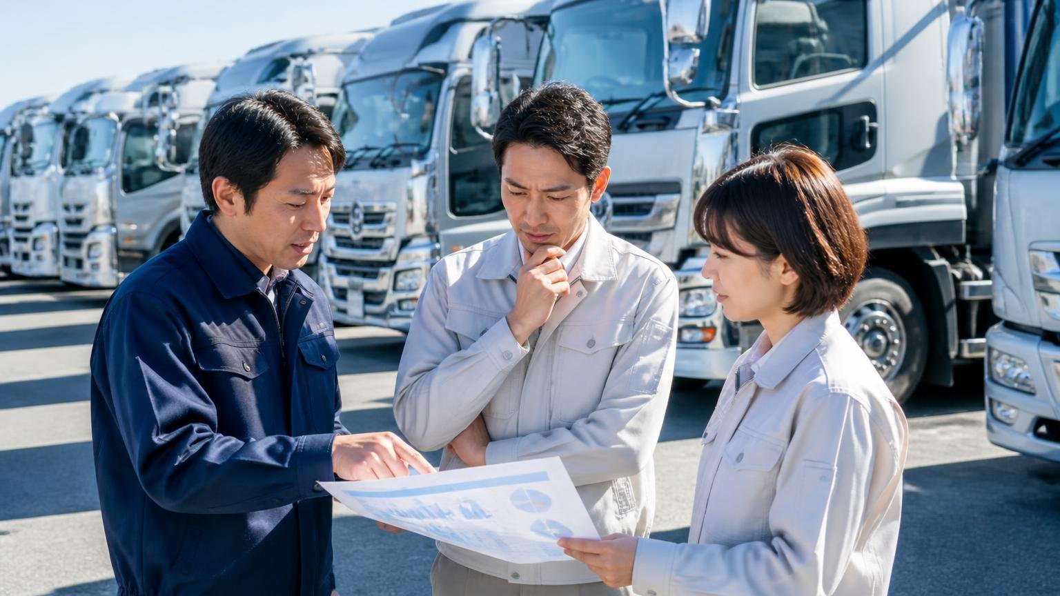 本社だけ見ると誤る。全拠点を数えたら平均は約3.8だった 大型トラックが並ぶ展示場を見渡す男女3人 資料を指さして話し合う