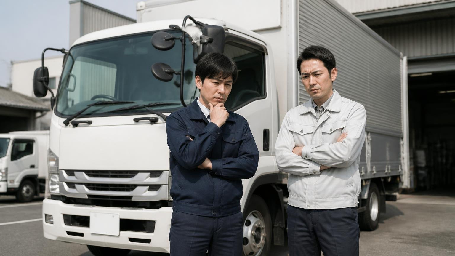 総合評価は候補に入れる価値あり 営業所の車庫に停まった4tトラックの前で腕を組み考え込む男性2人