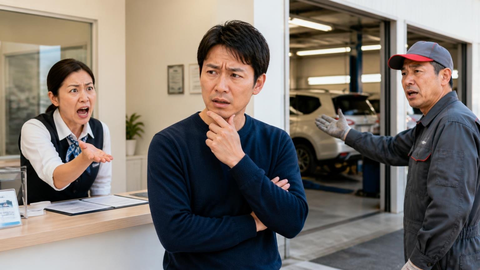 評価が割れる理由はどの窓口と接したか 営業所の受付カウンターと整備工場の入口 従業員3人が別々の対応をしている