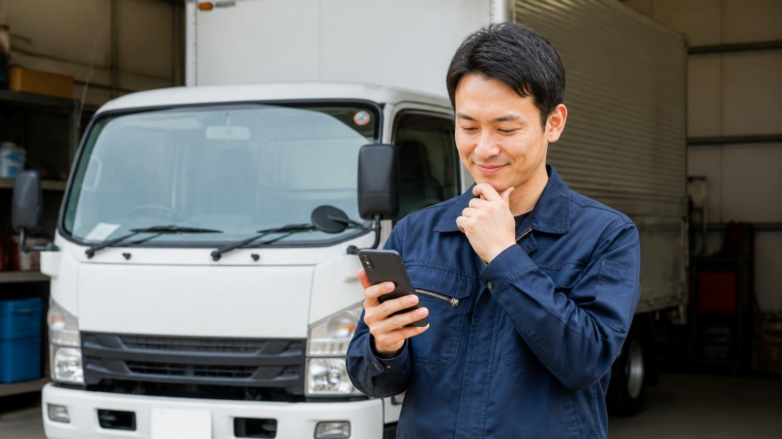 電話はしつこいけど親切という口コミ、車庫に停めた4tトラックの前でスマホの画面を読む男性1人が納得の表情