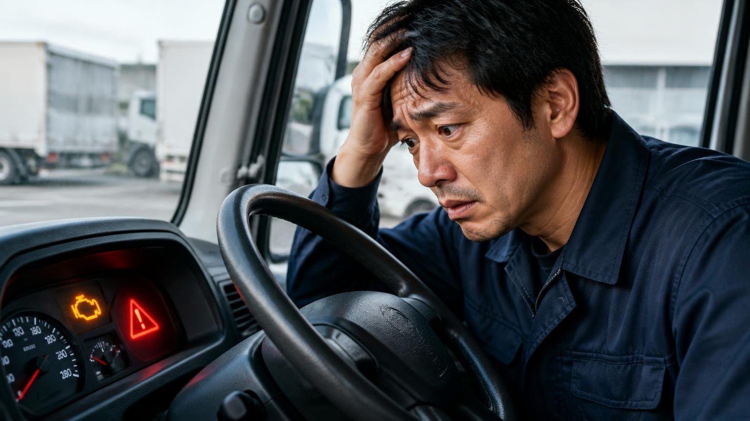 原因③排気の後処理装置にすすが溜まり出力制限|運転席で警告灯を見つめるドライバー1人が不安顔