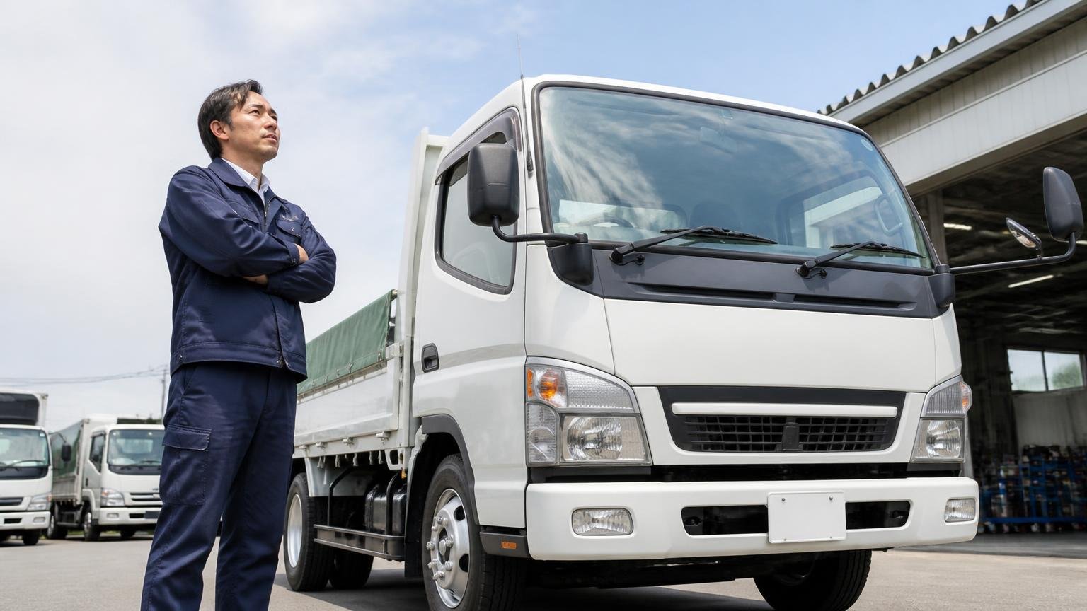 キャンターは安い=品質が低いは成り立たない 営業所の車庫に停まった2tキャンターの前 男性1人 腕を組んで車体を見上げる