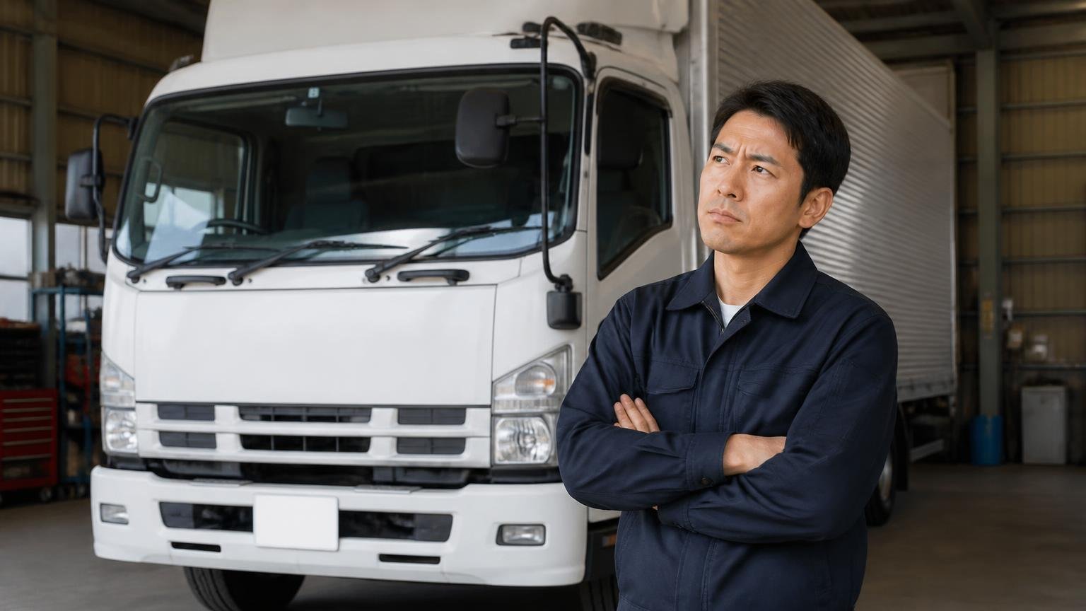 FAXが嫌で売却検討ごとやめるのはもったいない。車庫に停まった4tトラックの前で男性1人が腕を組み考え込む