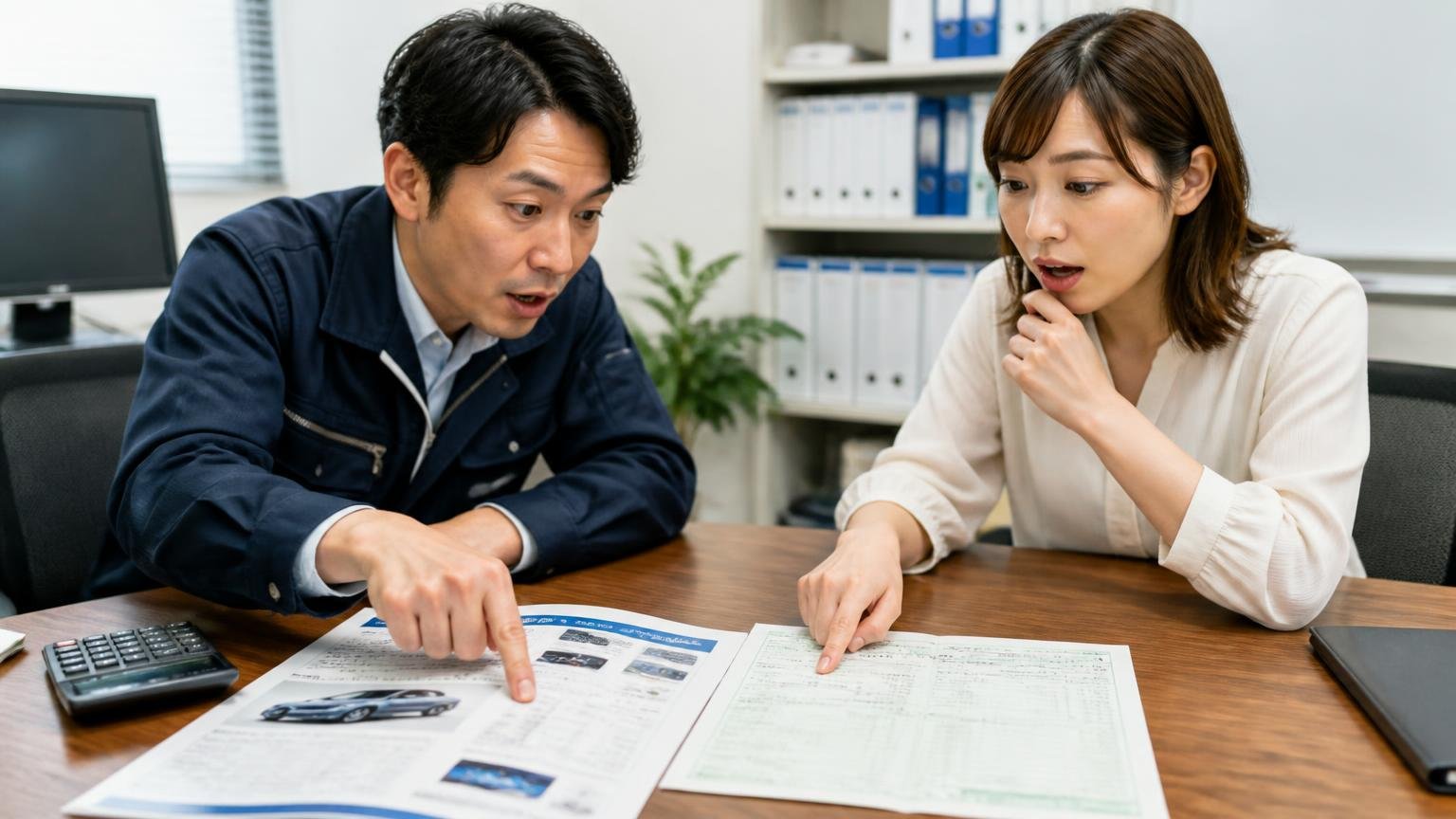カタログ燃費と実燃費は測り方が違う/事務所でカタログと給油伝票を並べた机の前/男性1人と女性1人/数字を指さして説明する