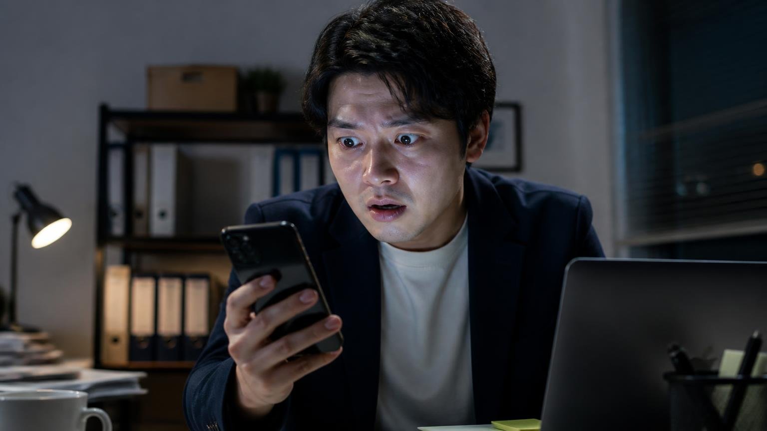 大手比較サイトが「0.0点」なのは低評価だからではない 深夜の事務所でスマホの比較サイト画面を見つめる 1人 血の気が引いた表情