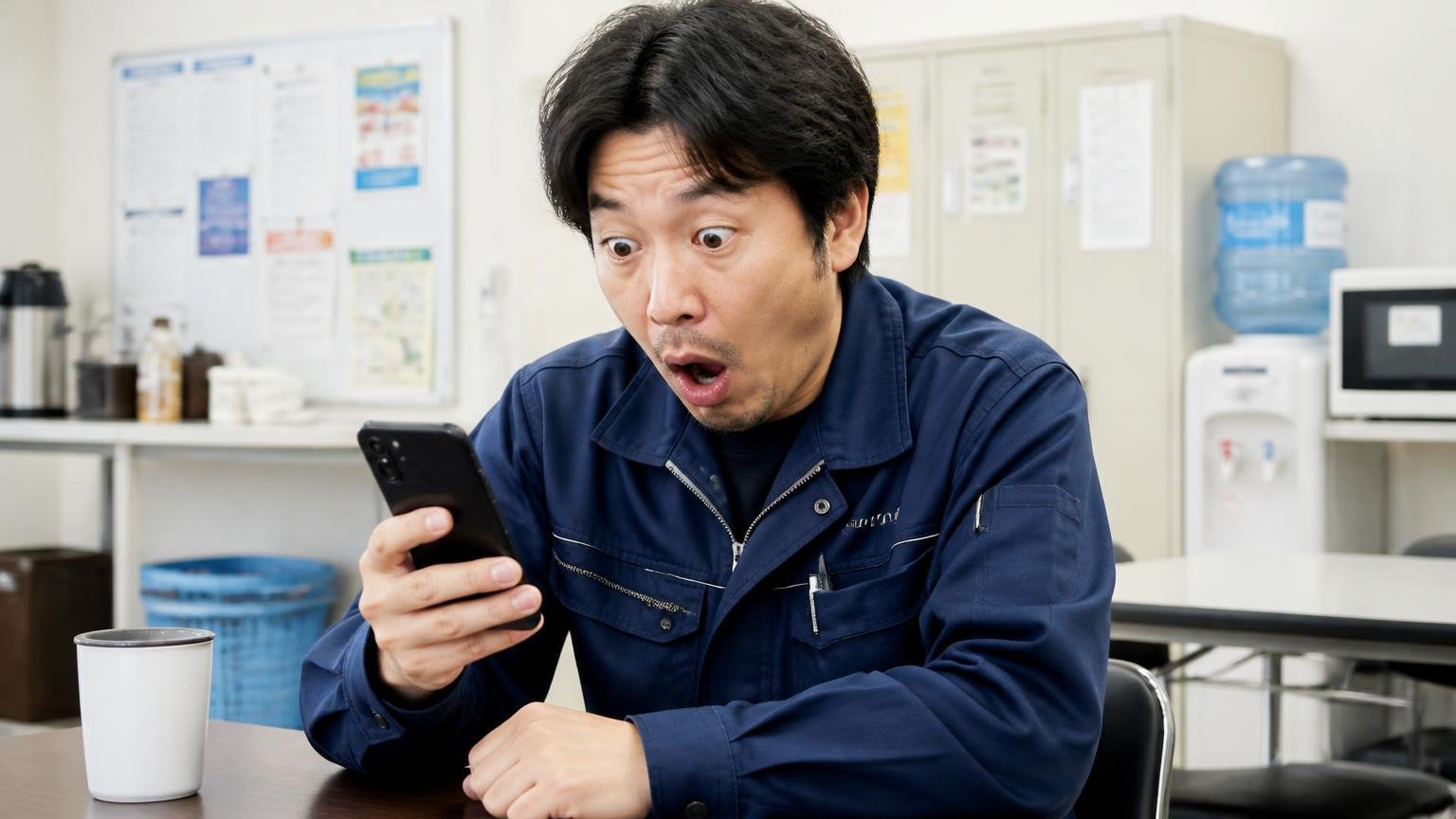 ユーザー評価は4.19点。運送会社の休憩室でスマホの口コミ画面を見て目を見開き驚く男性1人