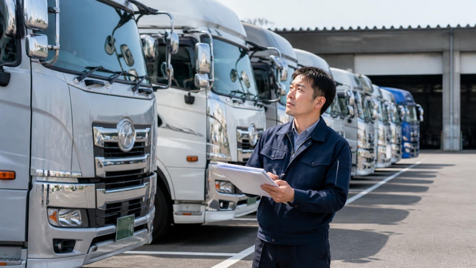 「誰も選んでいない」わけではない、という市場の数字 大型トラックが並ぶ営業所の車庫で、書類を手に台数を数える男性1人