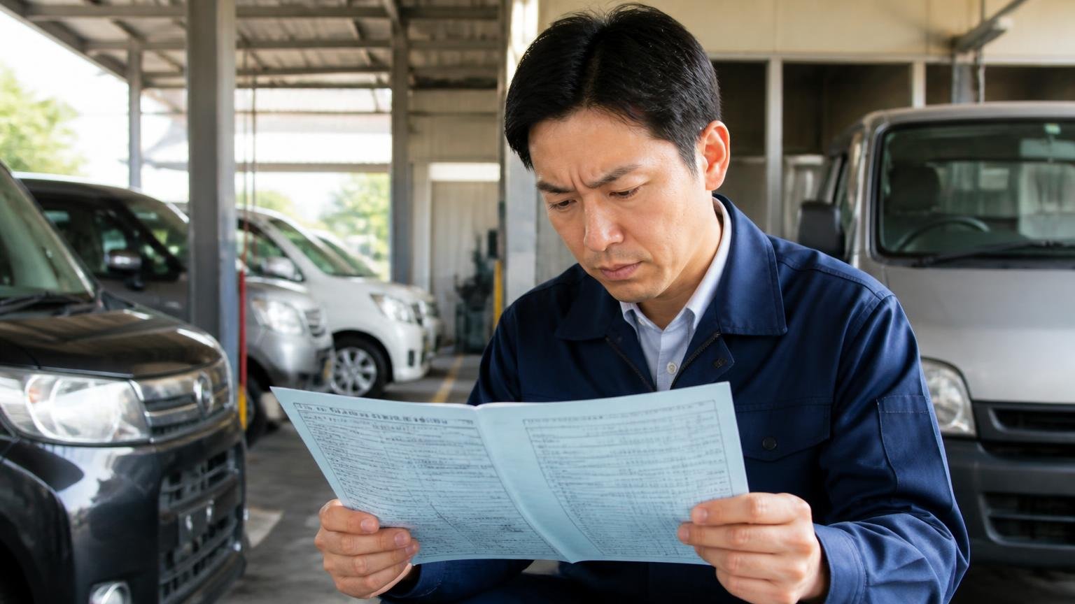 口コミを読むときに気をつけたい年式のズレ 営業所の車庫で車検証を開いて年式を確認する男性が真剣な表情