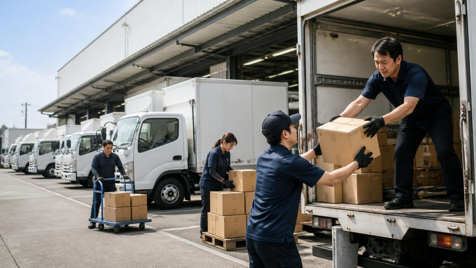 故障が多いと言われる3つの理由。早朝の配送センター前に並ぶ複数のエルフと、荷積みをする作業員たち