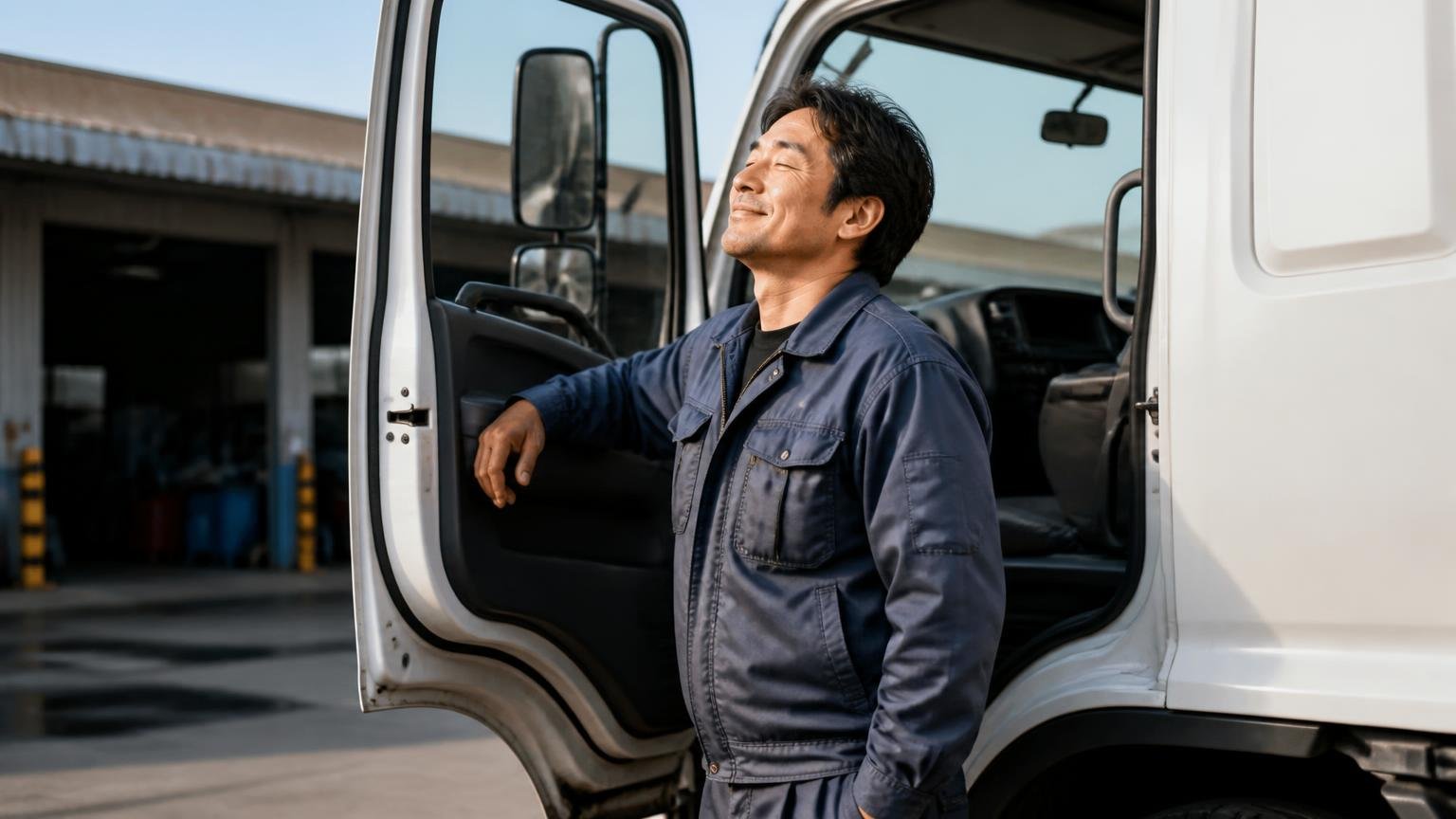 整備不足のせいではない。早朝の車庫でトラックの運転席のドアを開けた作業着の男性1人が安堵の表情で肩の力を抜く