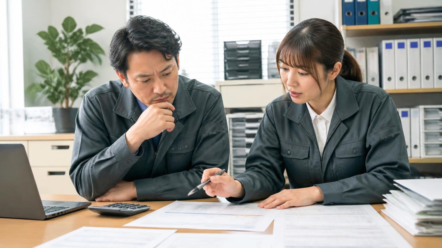 決めるべきは目の前の1台をどうするか 事務所で見積書を見ながら打ち合わせ 男女2人 書類を並べて相談