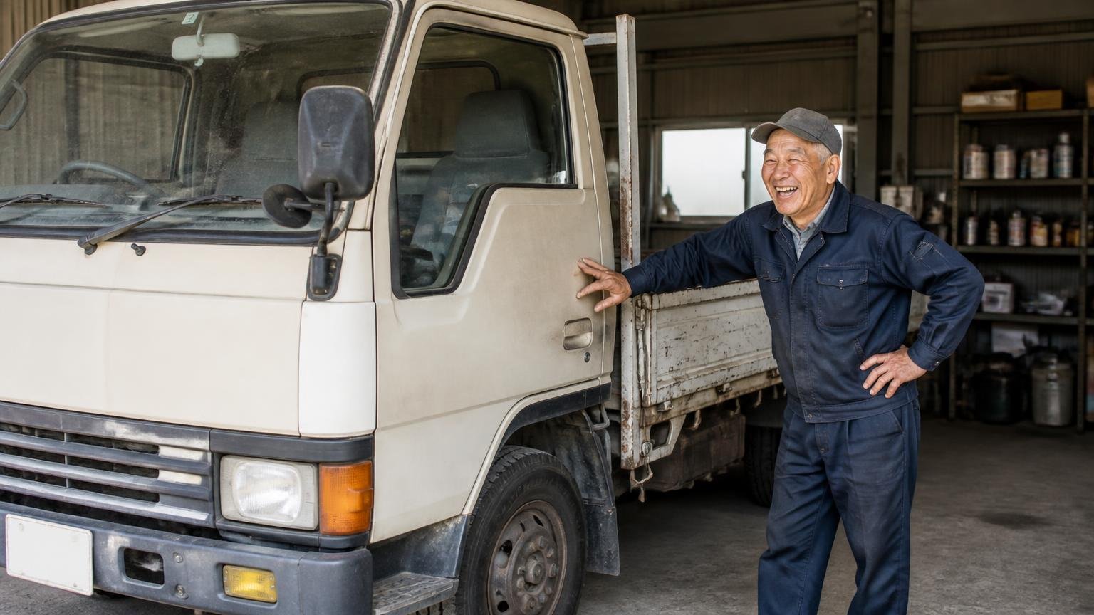 「壊れない」という声も同じだけ存在する 車庫に停めた年季の入ったキャンターの前 60代男性が荷台を叩いて笑う
