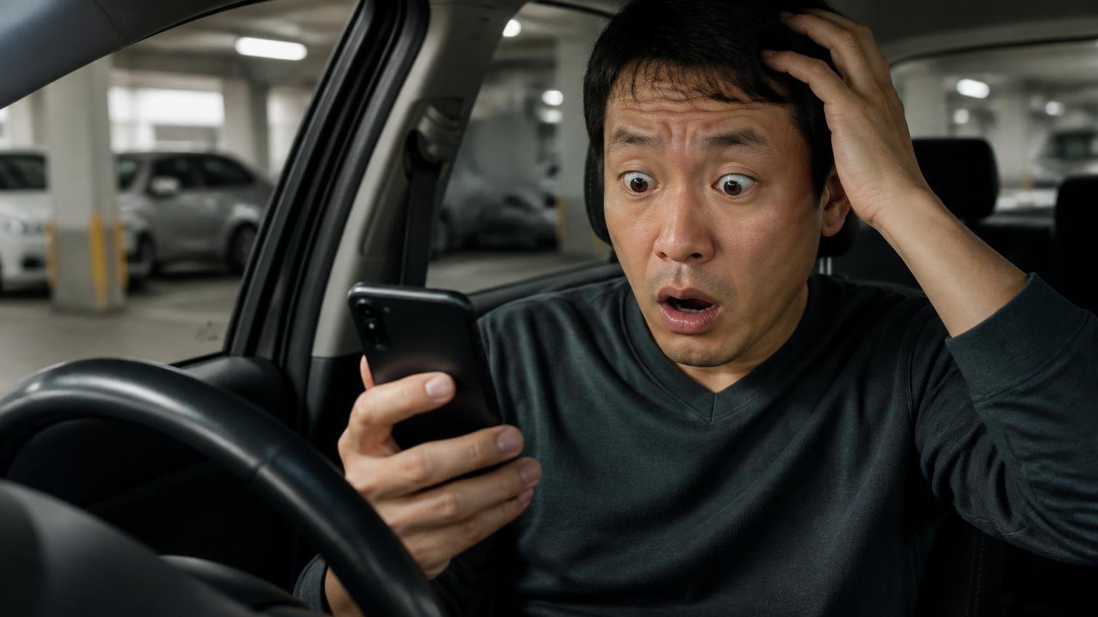 ネットの声とオーナー評価の落差。夜の車庫で運転席に座った男性1人が、スマホの口コミ画面を見て驚いた表情