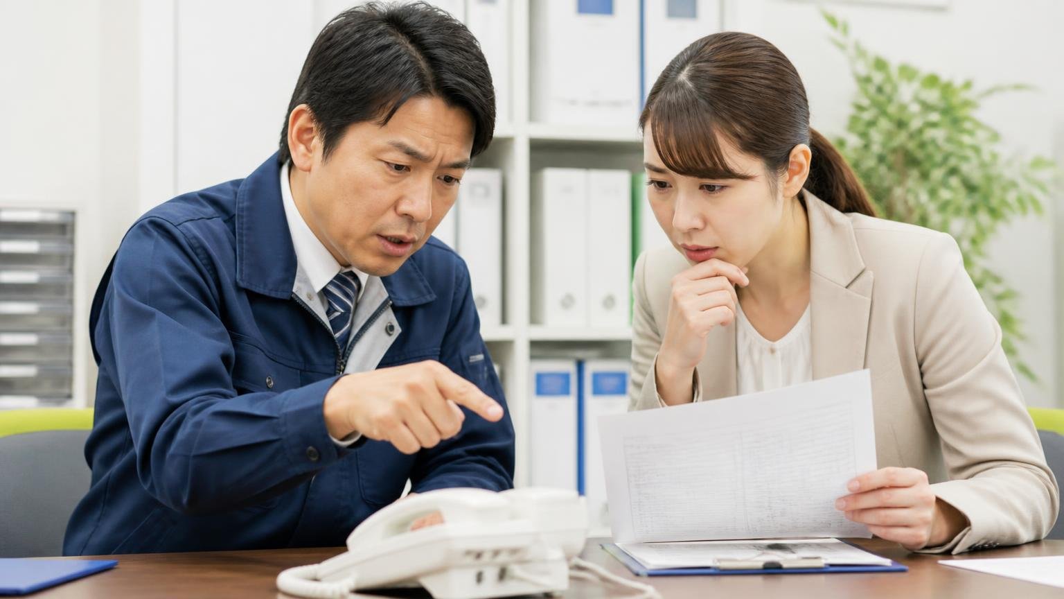 判断はシンプル。事務所で査定書を見ながら打ち合わせする男女2人が、電話を指さして真剣に相談する