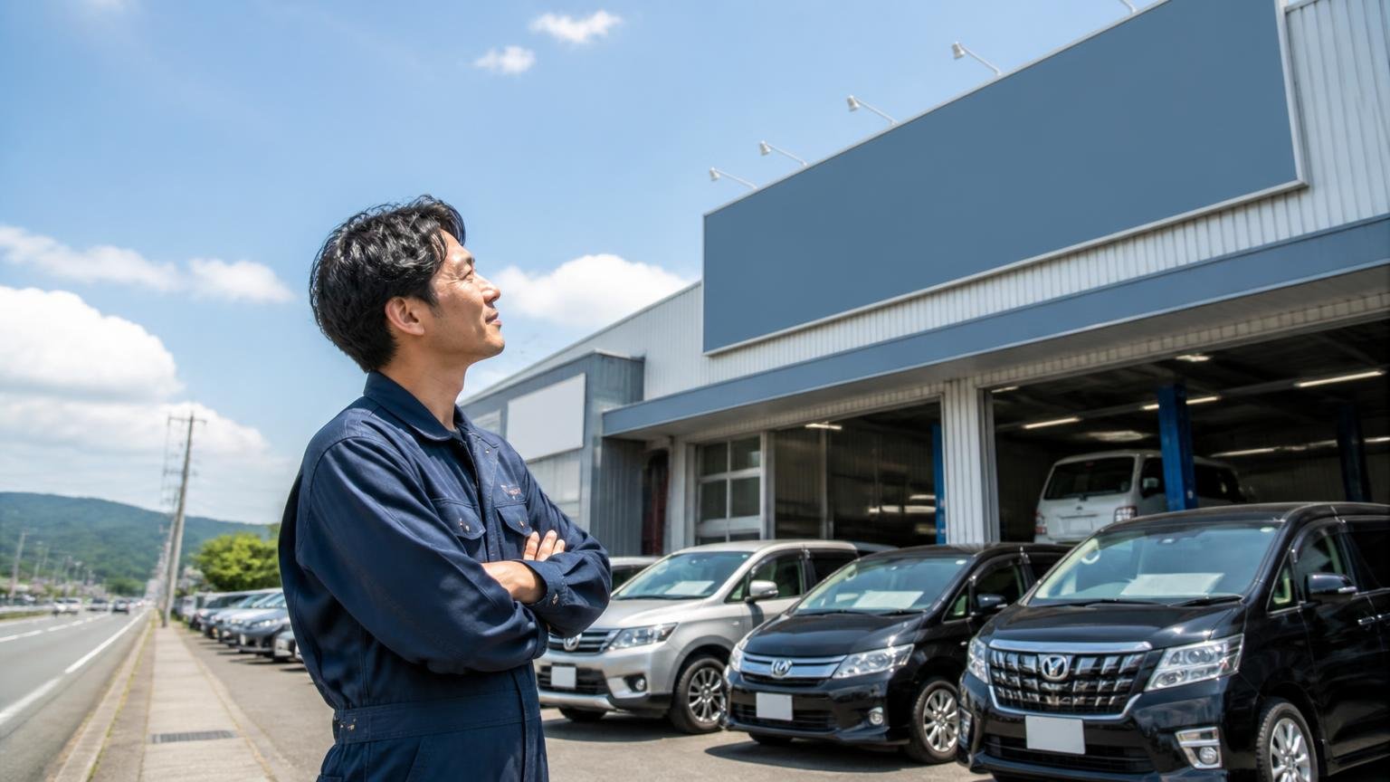 どんな会社か。国道沿いの中古車展示場と整備工場の前に立つ作業着の男性1人が看板を見上げて感心する