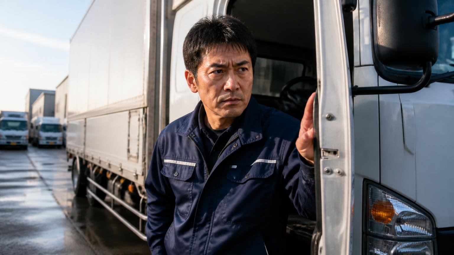 ★1が1件ある。でも理由はどこにも書かれていない 早朝の車庫でトラックの運転席のドアを開ける男性1人 険しい表情