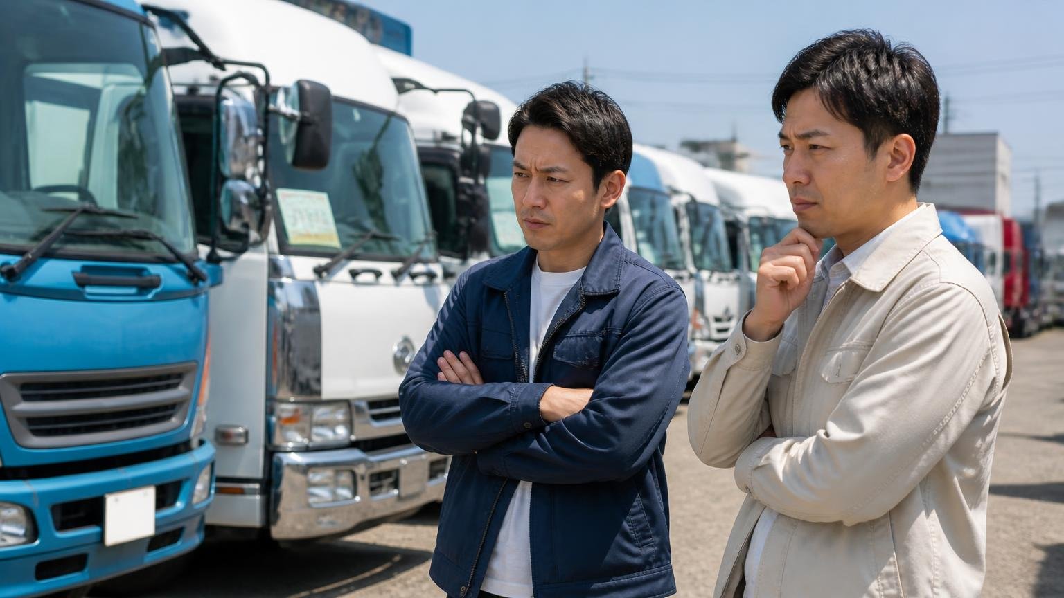 実車を見たい人には合うという結論。展示場に並ぶ中古トラックの前で腕を組み考える男性2人が真剣な表情